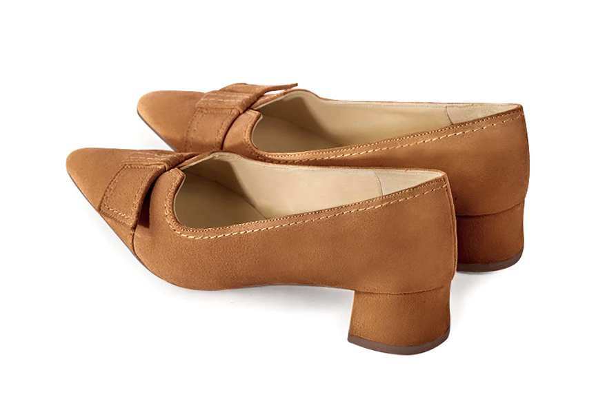 Camel beige women's dress pumps, with a knot on the front. Tapered toe. Low flare heels. Rear view - Florence KOOIJMAN
